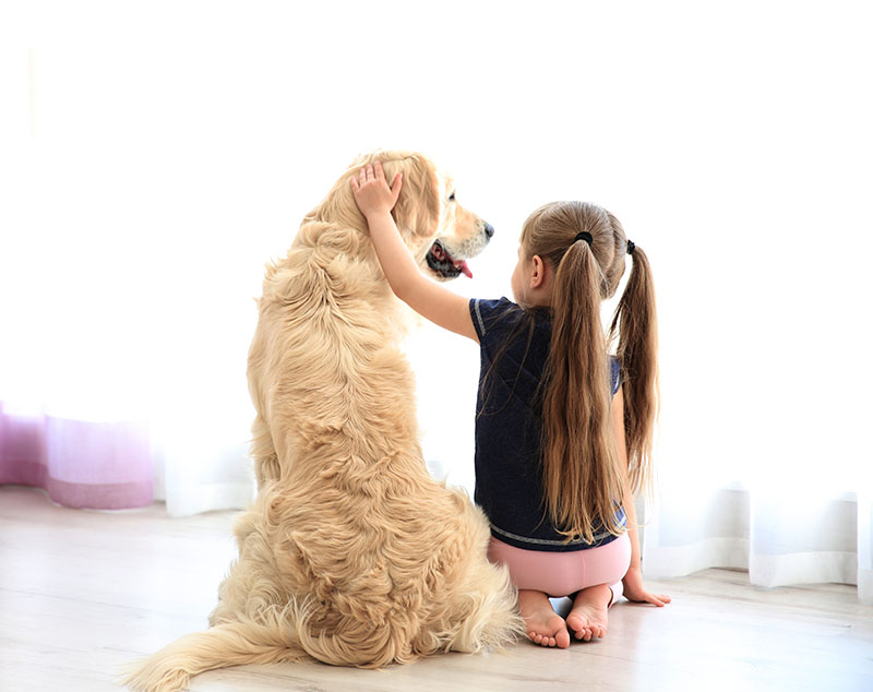 little girl sitting with arm around dog