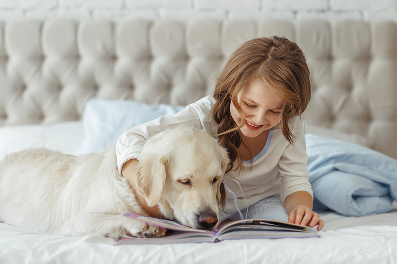 girl reading to dog on bed